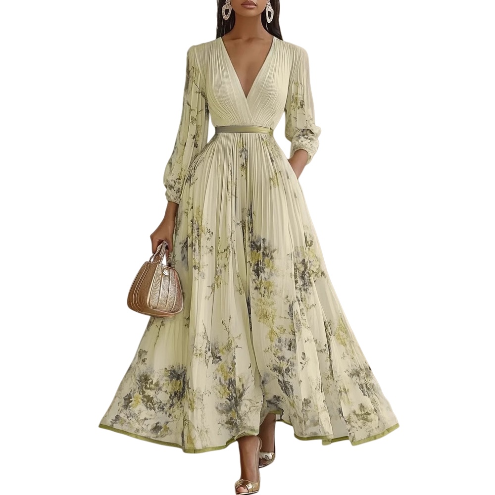 Elegant Floral Maxi Dress Women Long Sleeve Boho A-Line Pleated Dresses